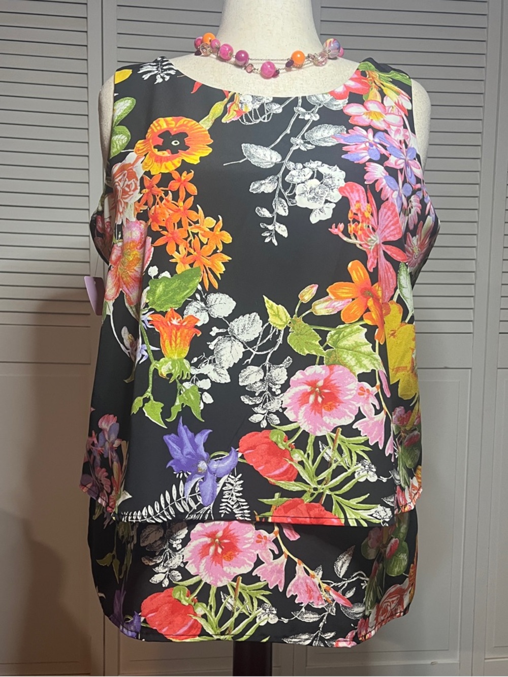 DG2 by Diane Gilman Black Floral Layered Tank with Bright Blooms
